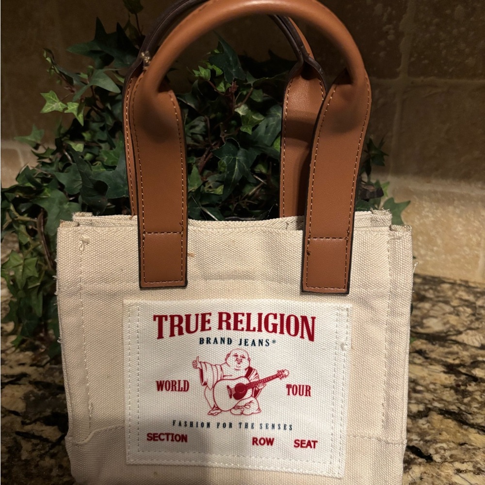 True Religion Canvas mini Tote Bag with Brown Handles - natural / cream
